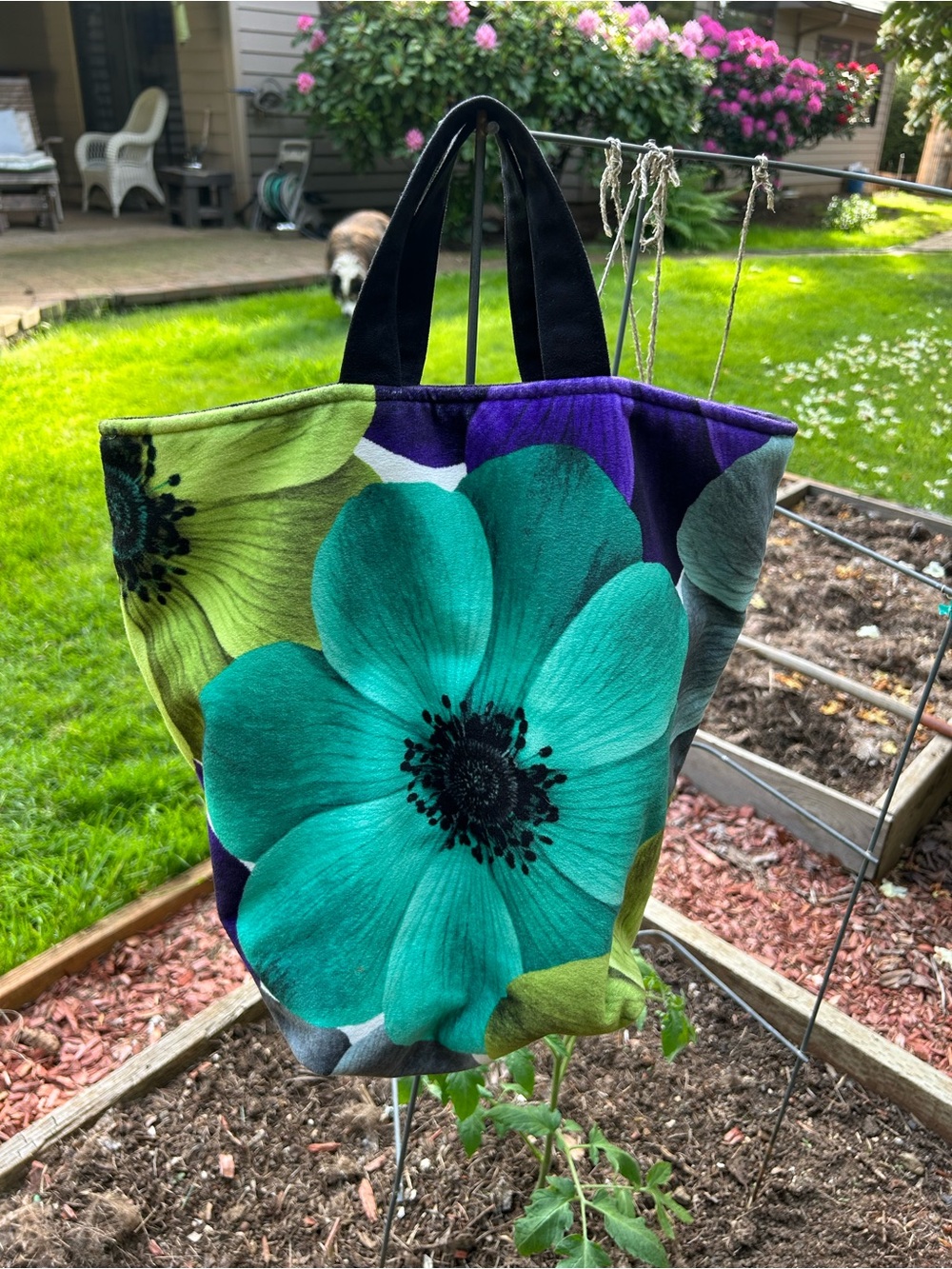 Atenti U.S.A Floral Canvas Velvet feel Tote Bag in Teal, Purple & Green - Picture 5 of 5